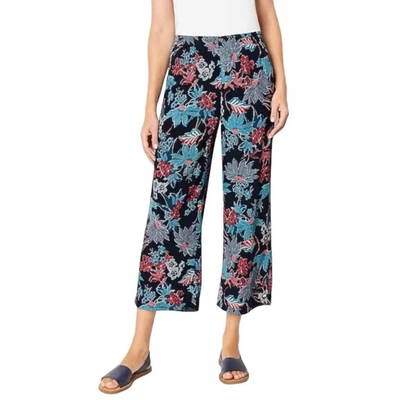 J Jill Sarasa Wide Leg Crop Pant + Ruffle Linen Top Tropical Print Co-or… - Picture 4 of 16